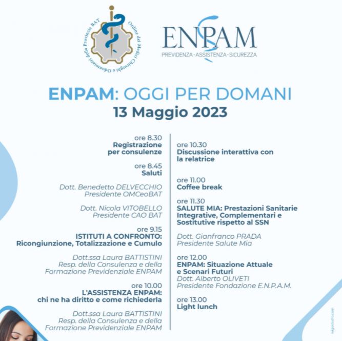 Convegno ENPAM: “Oggi per Domani”  – 13 maggio 2023 – Trani – Palazzo San Giorgio